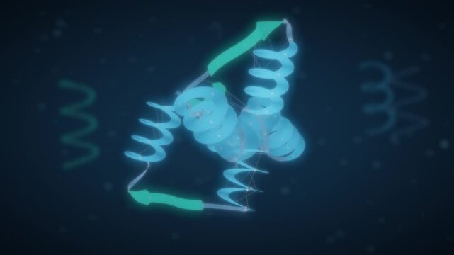 Protein folding ribbon backbone chain twisting into a compact 3D structure seamless loop in soft cyan tones
