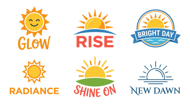 This image features a collection of bright sunshine branding logos that radiate positivity, focusing on daylight, uplifting messages, and concepts of renewal.