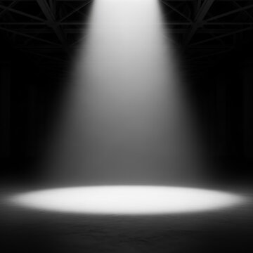 Single white spotlight beam illuminating an empty dark stage floor from a ceiling truss structure, creating a bright circular pool of light in a black studio interior.