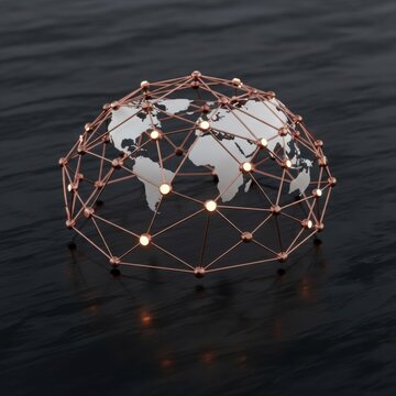 3D rendering of a rose gold wireframe geodesic dome structure with glowing points containing a white world map, positioned on a dark textured reflective surface for global concept.