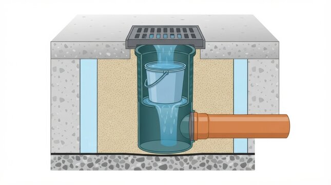 A floor gully drainage system shows a cross section of plumbing. Wastewater flows into the septic tank through a pipe and bucket.