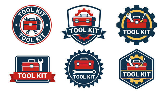 This set of toolkit graphics presents a stylish array of logos, badges, and emblems featuring toolboxes and gears, ideal for branding projects or creative design initiatives.
