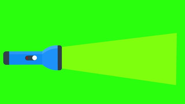 Animated blue flashlight turning on and shining a light beam on a green screen. Perfect for search, discovery, or investigation themes.