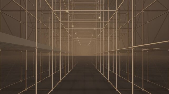 Construction Scaffolding Steel Pipe Frame Grid Corridor Perspective Industrial Building Site Background Seamless Loop in cool rust tones
