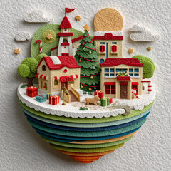 Obraz premium 3D Paper Cut Layered Miniature Christmas Village with Sun and Clouds, 화이트 종이 질감 배경의 미니어처 크리스마스 마을 입체 일러스트