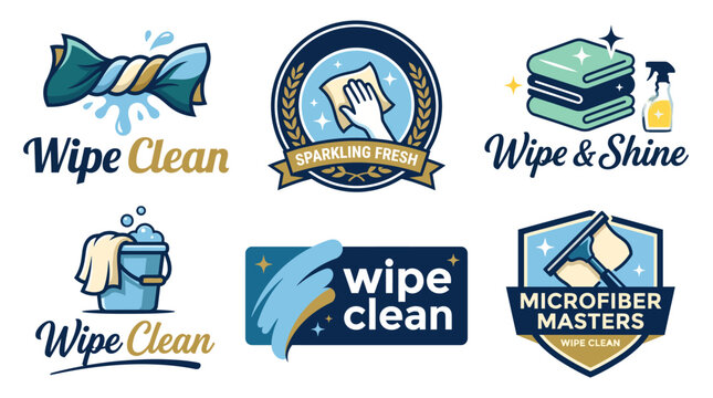 This image presents a variety of cleaning service logos and icons, showcasing cleanliness and freshness. Perfect for any brand emphasizing hygiene and shine.