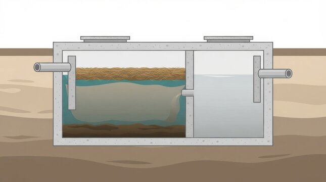 A cross section of a septic tank used in a residential plumbing system for managing wastewater.