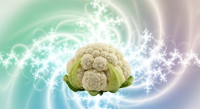 Fresh raw cauliflower head centered on abstract green and blue background with snowflakes