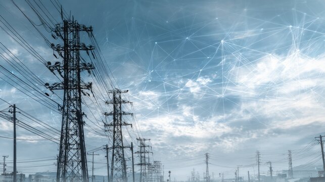 Electricity transmission towers with orange glowing wires the starry night sky. Energy infrastructure concept, energy, electricity, voltage, supply, pylon, technology