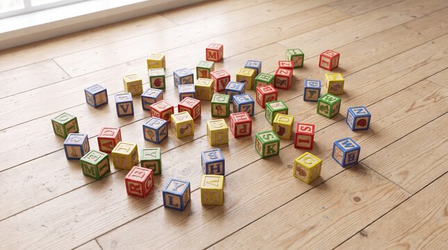 Scattered colorful wooden alphabet blocks on a light wooden floor