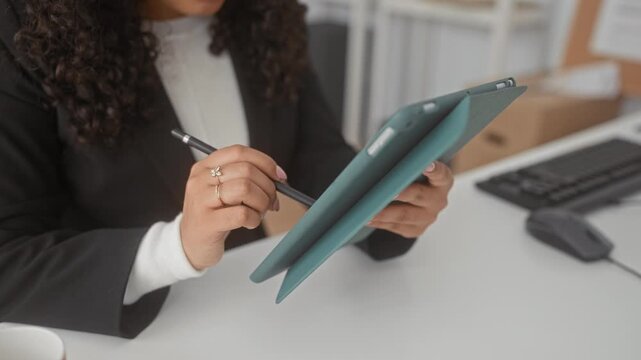Woman holding tablet and tapping with stylus, hands visible at desk in building; concentration productivity.