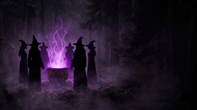 Silhouetted witches gathered around a glowing cauldron in a dark forest. Halloween witchcraft scene with magical energy, eerie fog, supernatural ritual, and copy space.