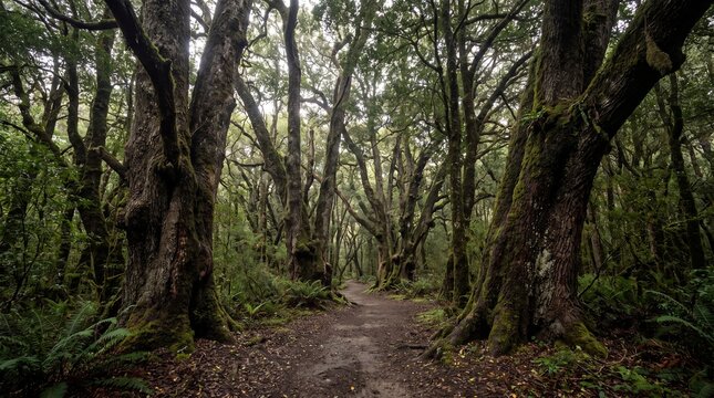Ancient mossy trees along a narrow dirt path in a lush green forest