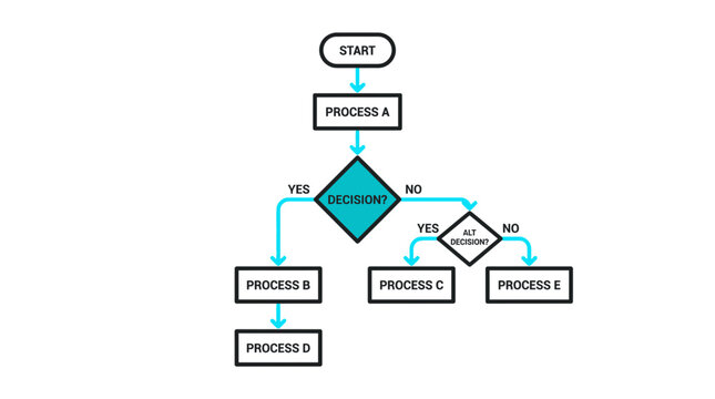 Business process flowchart diagram illustrating workflow steps, decision logic, and algorithm development