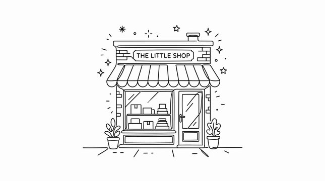 Delightful line art illustration of a cozy small shop storefront. Boutique retail business with awning, display window, potted plants, and sparkles.