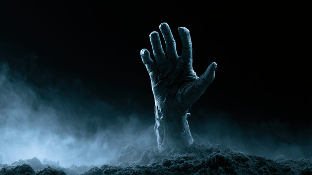 Zombie hand rising from a grave through eerie mist. Halloween horror scene symbolizing undead awakening, death, fear, supernatural terror, and spooky night atmosphere.