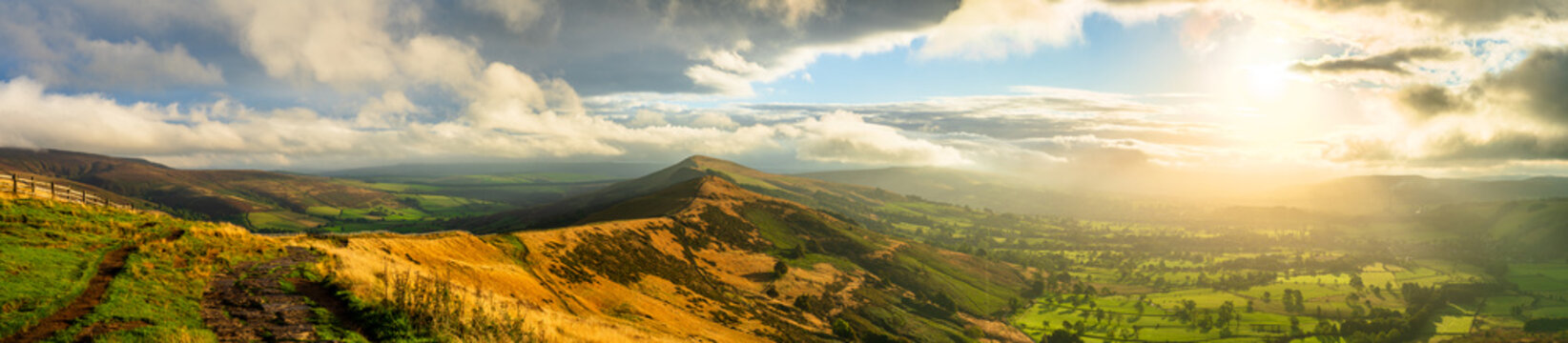 Mam Tor and Hope Valley at sunrise in Peak District. England