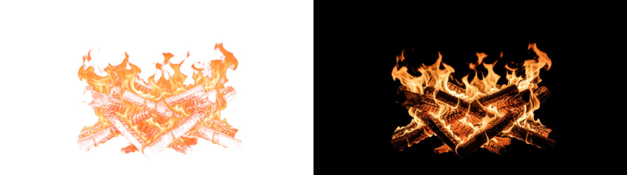 Low campfire flame ring over criss cross glowing log cradle glowing flame transparent design element
