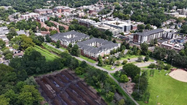 Rightward aerial pan revealing Cameron Field and South Orange residential blocks near Ridgewood Road, New Jersey
