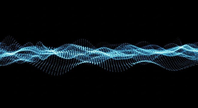 Horizontal digital wave of glowing blue luminescent particles and dots against a black background, depicting sound wave frequency or fiber optic data transmission technology.