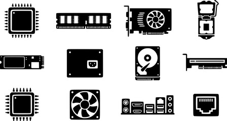 Fototapeta premium Computer Motherboard Components and Microchip Hardware Silhouette Icon Set 