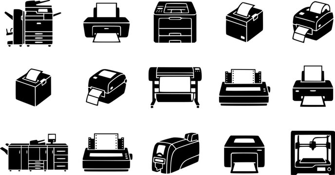 Printer and Printing Machine Silhouette Icon Set with Office, Laser, Inkjet, Thermal and Large Format Devices
