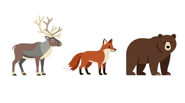 Set of cute vector illustrations featuring wild forest animals including a majestic deer, a clever fox, and a brown bear