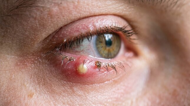 Close-up of an inflamed stye on the lower eyelid with redness and swelling. Medical concept of eye infection, ophthalmology and eyelid treatment.