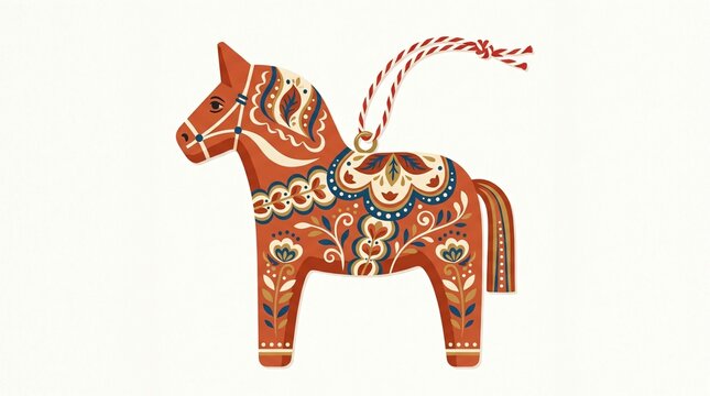 Traditional Swedish Dala horse Christmas ornament with beautiful folk art floral patterns isolated on a light background