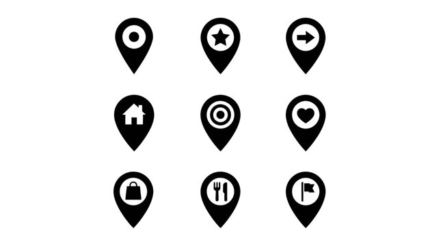 Black Location Icons on White Background.