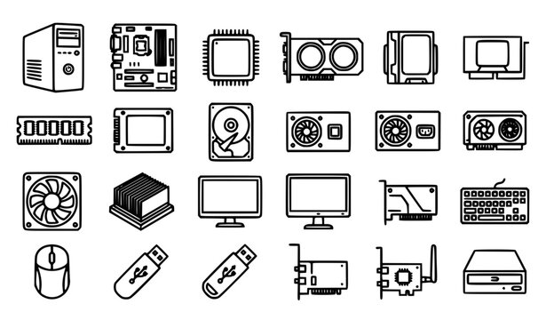PC computer hardware essentials outline icon set motherboard CPU GPU RAM vector