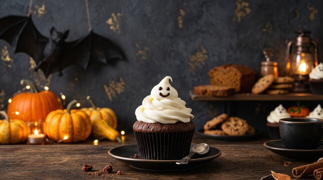 Halloween cupcake with ghost decoration on rustic table