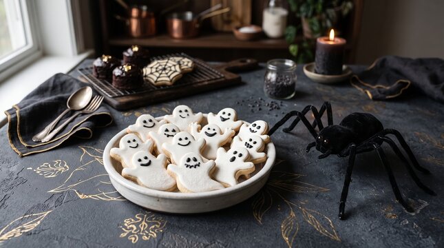 Halloween-themed cookies with ghost faces on dark tablecloth with spider