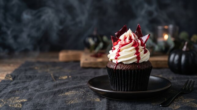Spooky Halloween cupcake on dark plate