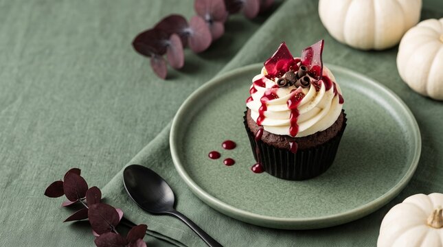 Autumn-themed chocolate cupcake with berry topping and decorative pumpkins