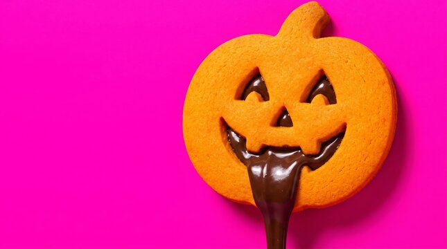 Close-up of a spooky Halloween cookie on vivid pink