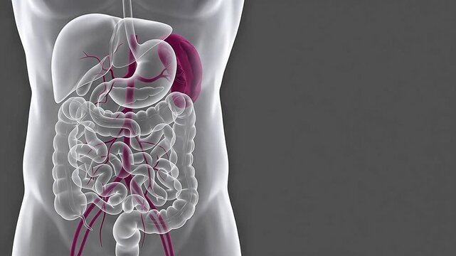 3D Medical Illustration of Human Spleen and Abdominal Digestive Anatomy