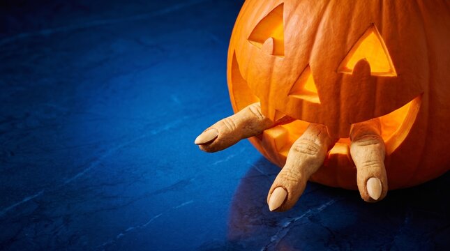 Halloween pumpkin with clawed hand reaching out in a dark blue setting