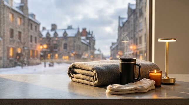 Snowy city view through window with warm indoor comforts