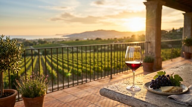 Evening light illuminates vineyard, glass of wine, stone patio, potted plants