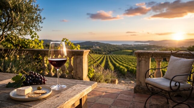 Wine glass beside grapes and cheese on terrace overlooking sunset vineyards
