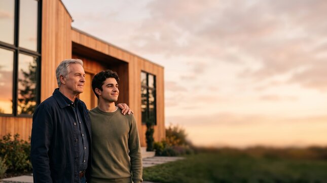 Two men sharing moment outdoors near contemporary home at golden hour