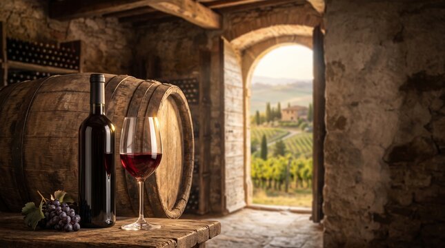 Wine bottle, glass, and barrel sit in old stone cellar