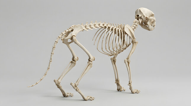 Primate skeleton model in side view on a neutral background