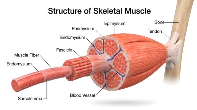 Detailed anatomical diagram showcasing the intricate cellular structure of human skeletal muscle tissue