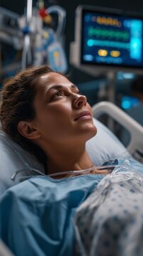 Female patient lying in hospital bed with medical monitor, showing hope and recovery