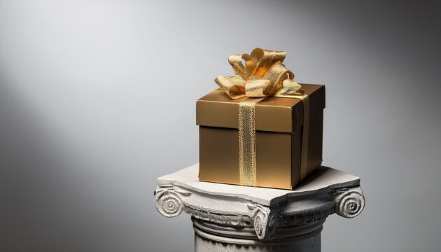D Gift Box With Golden Ribbon On Pedestal