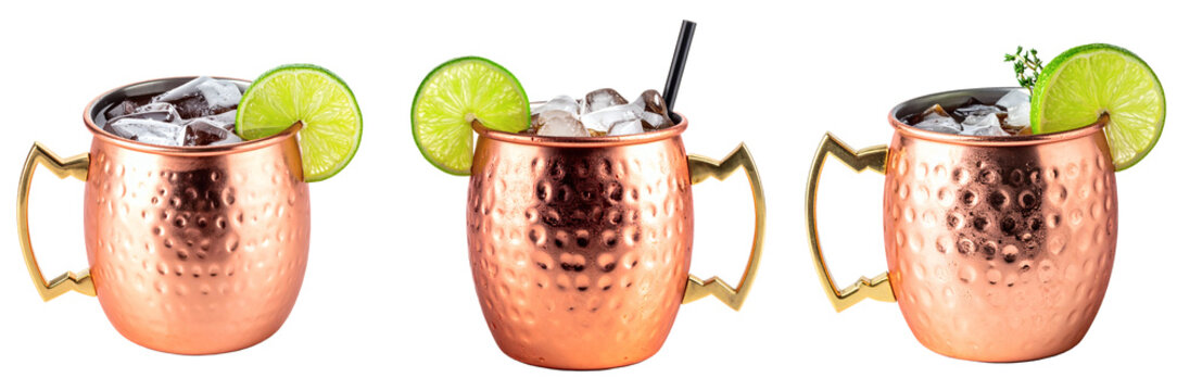 Three Moscow Mule cocktails in hammered copper mugs with lime garnish, transparent background PNG.