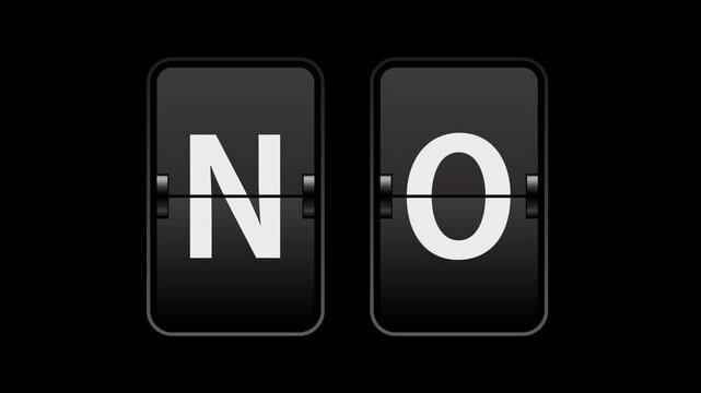 Flip text animation of a board showing the word no with transparent background video & looping alpha channel.