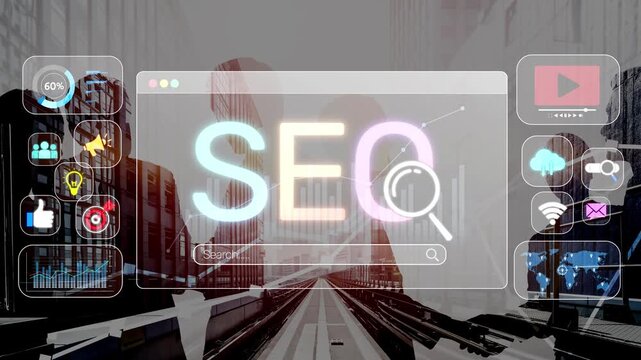 SEO concept for improving SEO visibility, with SEO related digital tools and SEO performance icons shown in an focused layout for strategic marketing. Muxer
